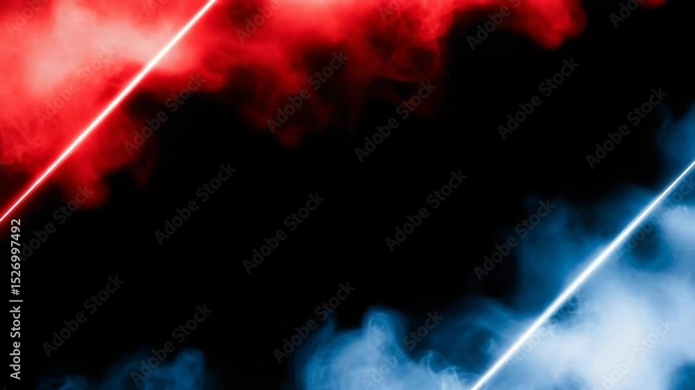 Fondo abstracto con láseres rojos y azules sobre fondo negro y humo rojo con azul en forma de marco

