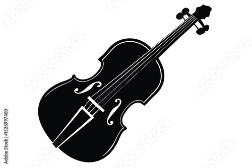 Elegant Black Silhouette of a Violin with Strings and Tuning Pegs on White Background