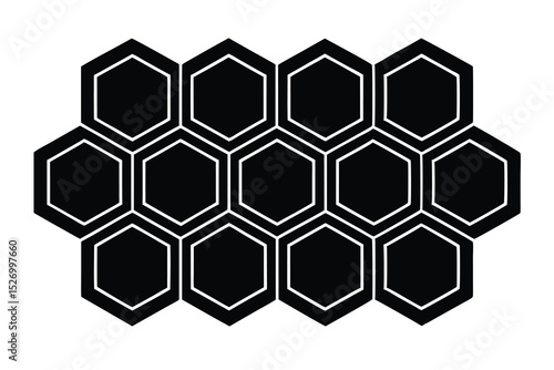 Fifteen Black Hexagons with White Borders Arranged in a Honeycomb Pattern on a White Background