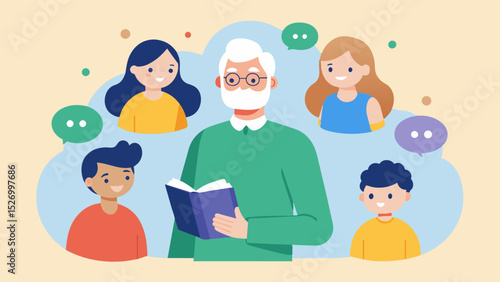 Passing Down Stories As an elderly person shares stories with their family they also pass down their knowledge and legacy to younger generations. This helps keep family traditions. Vector illustration