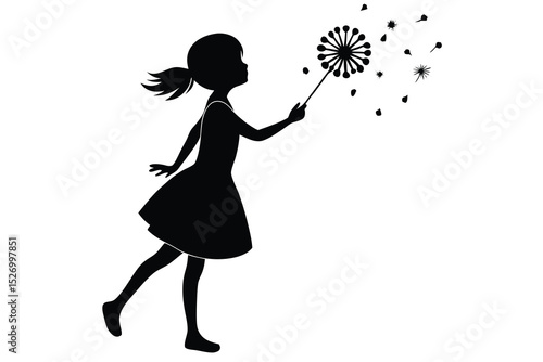 Girl Silhouette Blowing Dandelion Seeds Whimsical Black and White Illustration of Childhood Dreams
