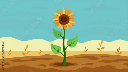 A parched and lifeless field except for a solitary sunflower growing against all odds symbolizing the resilience of nature against the damaging effects of the climate crisis.. Vector illustration