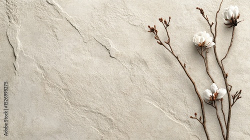 Delicate dried flowers arranged on a light beige stone surface.