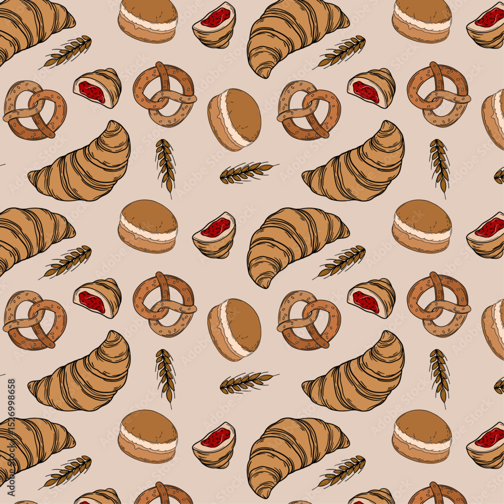 Sweet bakery seamless background pattern wallpaper with different types of baking products. Bakery shop and cafeteria restaurant decoration Sweet bakery seamless background pattern wallpaper with different types of baking products. Bakery shop and cafeteria restaurant decoration