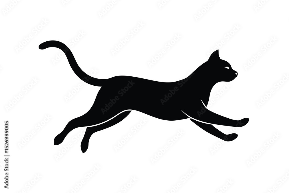 Fototapeta premium Running Black Cat Silhouette with Arched Back and Curled Tail Isolated on White