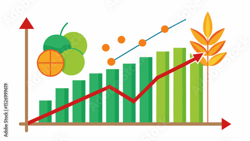 A line graph overlaying the decline in crop yields with the corresponding increase in prices for food staple commodities.. Vector illustration