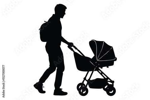 Silhouette of a Father Pushing a Baby Stroller, Carrying a Backpack on a White Background