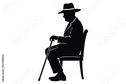 Silhouette of a Man in Hat Sitting in Chair with Cane on White