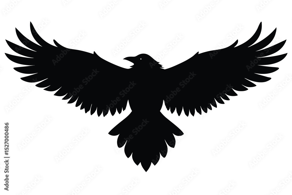 Obraz premium Silhouette of a Raven with Wings Spread Wide Open on White Background