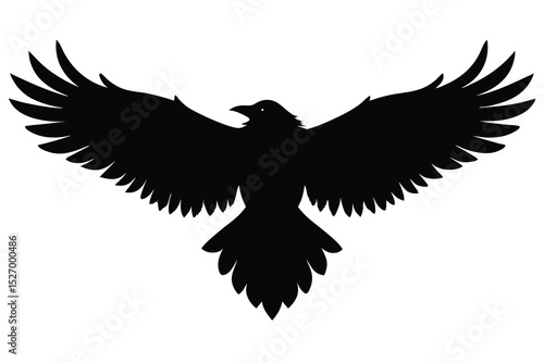 Silhouette of a Raven with Wings Spread Wide Open on White Background