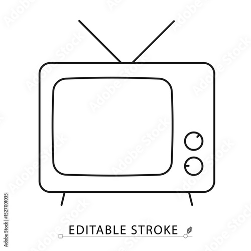 Retro TV icon in line style with antenna and editable stroke. Flat vector outline for media content, vintage electronics, television broadcast, entertainment visuals and retro-themed design. TV
