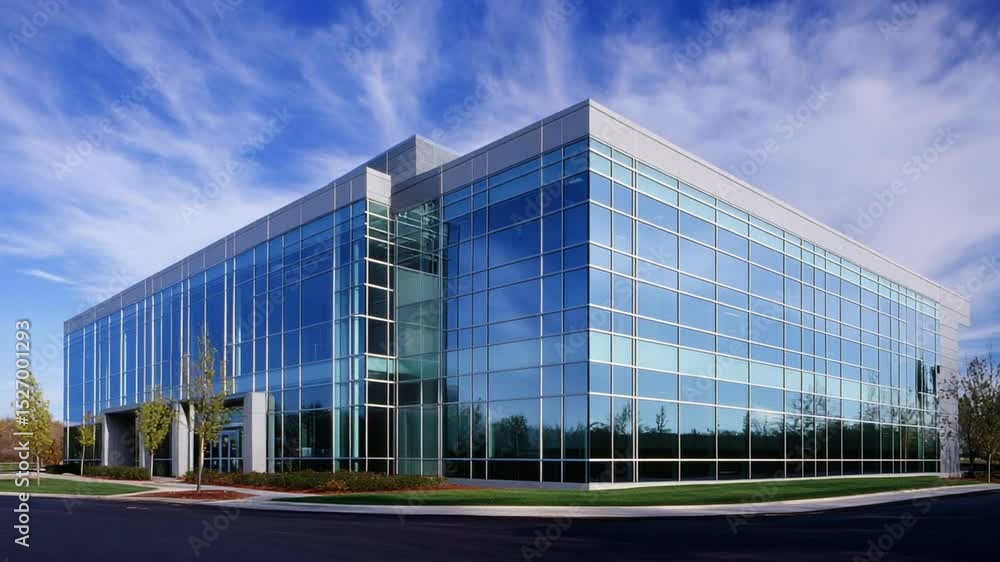 Modern office building with reflective glass facade against a blue sky backdrop Modern office building with reflective glass facade against a blue sky backdrop