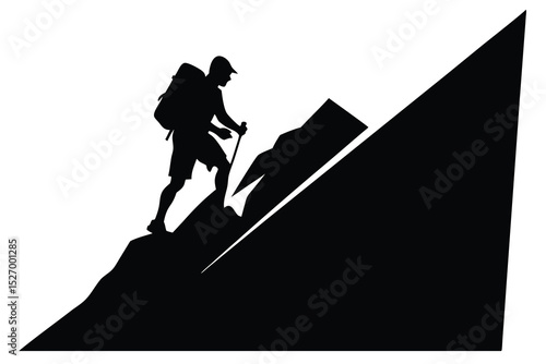 Silhouette of Backpacker Hiking Up a Mountain with Trekking Pole and Backpack Against White Background