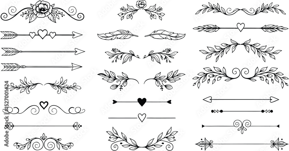Fototapeta premium Elegant collection of hand drawn vintage design elements including floral borders arrows and hearts