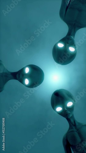 Scary gray aliens looking down at you and blinking against the dark foggy background of a moon-like planet. Volumetric light. UFO futuristic concept. 3D rendering.