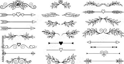 Elegant collection of hand drawn vintage design elements including floral borders arrows and hearts