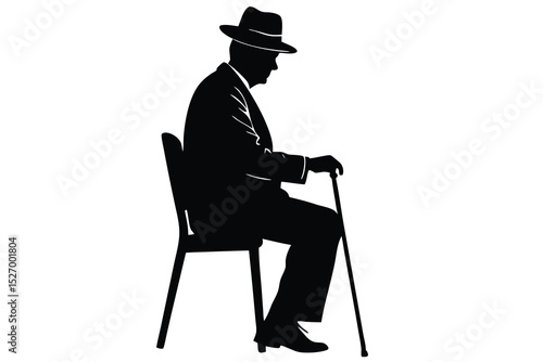 Silhouette of Elderly Man Seated with Cane, Wearing Hat and Suit, Isolated