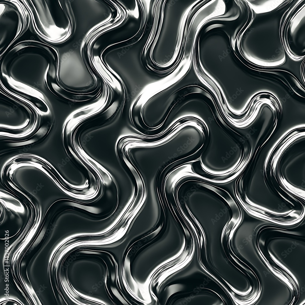 Fototapeta premium This abstract seamless pattern features a black and white fluid design with a metallic wave texture, perfect for wallpaper or a sleek geometric backdrop