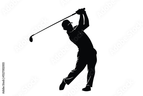 Silhouette of Golfer in MidSwing with Golf Club and Hat Against White Background