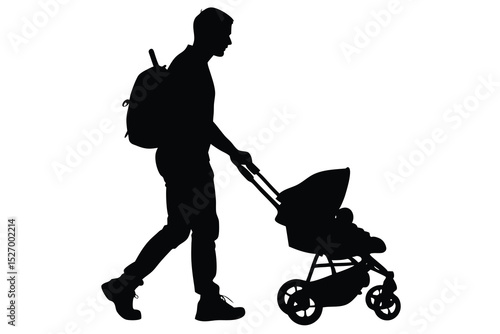 Silhouette of Man Walking with Stroller Fatherhood, Family, and Baby Transport Illustration