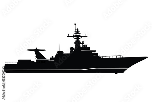 Silhouette of Modern Warship with Radar Antenna and Missile Launchers on White Background