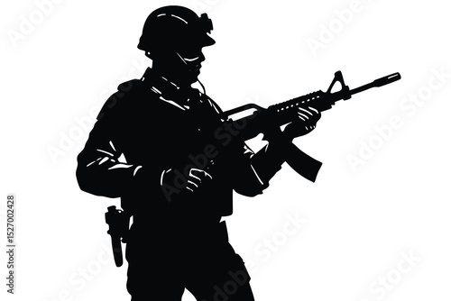 Silhouette of Soldier Aiming Assault Rifle in Full Gear, Wearing Helmet and Tactical Equipment