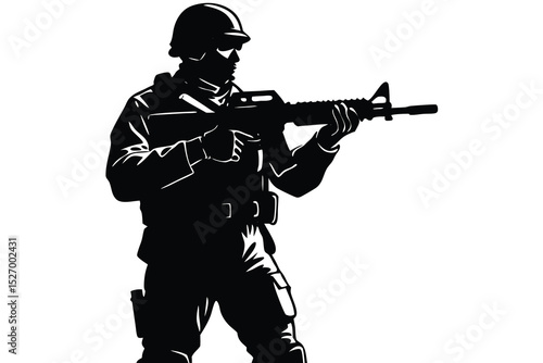 Silhouette of Soldier Aiming Rifle Military Uniform, Helmet, Tactical Gear on White