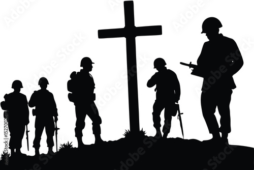 Silhouette of Soldiers Standing by a Cross on a Hill Remembrance and Memorial Day
