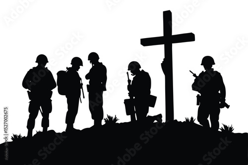 Silhouette of Soldiers Praying by a Cross, Remembering Fallen Comrades, Honoring Sacrifice