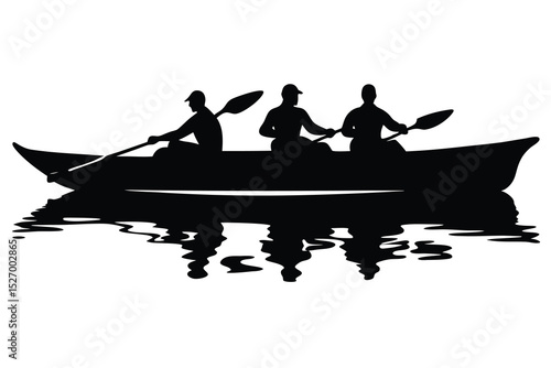 Silhouette of Three People Paddling a Canoe on Water with Reflections, Sport Activity