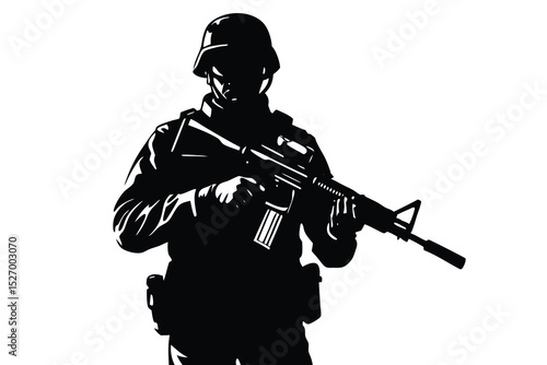 Silhouette Soldier with Assault Rifle, Military Gear on White Background, Full Body