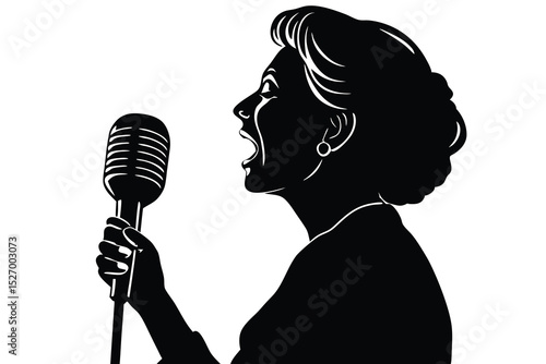 Silhouette of Woman Singing into Microphone, Black and White Vocal Performance