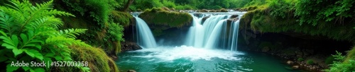 Emerald cascades tumble over mossy rocks, ferns unfurl , water, forest, stream