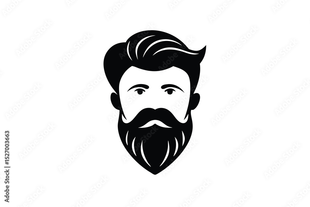 Stylized Black and White Bearded Man Illustration with Mustache and Slicked Back Hair on White Background Stylized Black and White Bearded Man Illustration with Mustache and Slicked Back Hair on White Background