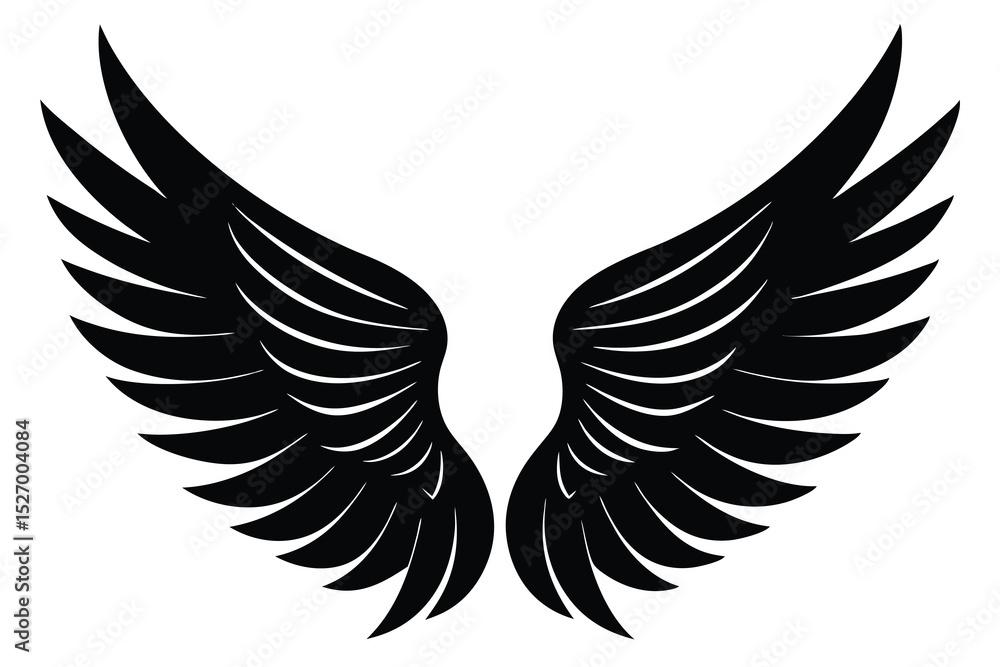 Fototapeta premium Symmetrical Black Angel Wings Illustration with Detailed Feathering and White Background