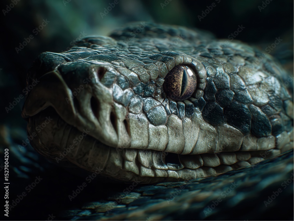 Obraz premium Close-up of reptile predator head showing detailed scales and amber eye