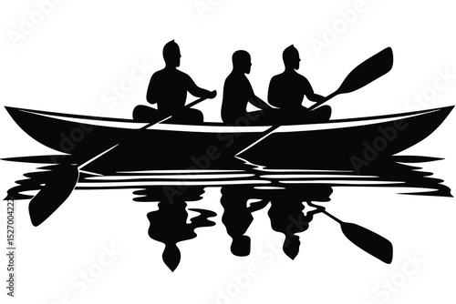 Three People Silhouetted in a Rowboat on Water with Reflection in Black and White