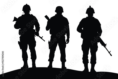 Three Soldiers Silhouette with Rifles Standing Guard on a Hilltop, Black and White
