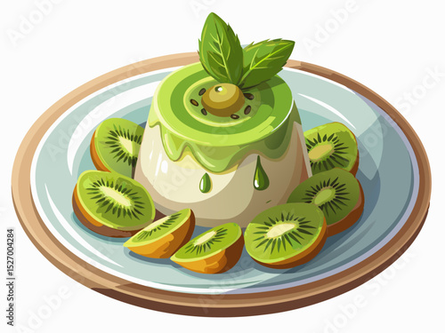 vector of Delicious panna cotta dessert with fresh kiwi pieces and mint leaves on a white plate...