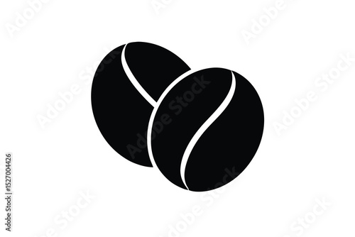 Two Black Coffee Beans on White Background Showing Detailed Curved Line Design of Freshly Roasted Beans