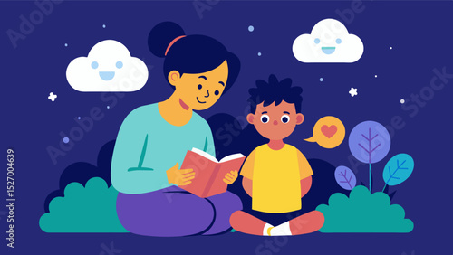 An illustration of a parent and child bonding over a story in an interactive storytelling app highlighting the positive impact of shared experiences on brain development and social. Vector