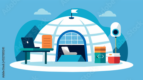 The igloo is equipped with all the necessary technology and amenities for a modern remote work setup including highspeed internet and a comfortable chair.. Vector illustration