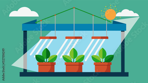 Automated shade cloth systems adjust according to intensity of sunlight and help maintain optimum light levels for plant growth.. Vector illustration