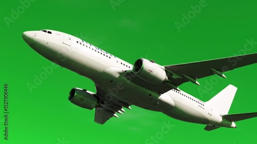 This video shows a white passenger airplane taking off from a low angle against a green screen.
