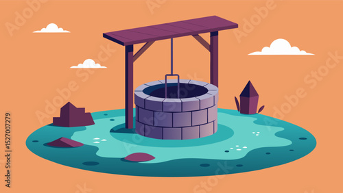 A well with a ly visible trickle of water the pipes and pumps long forgotten or broken.. Vector illustration