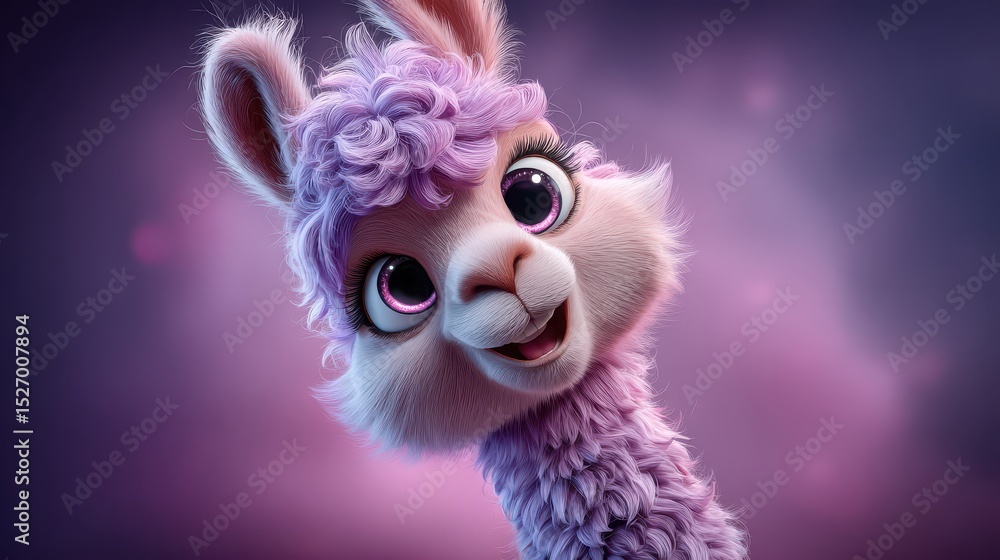 Fototapeta premium Close-up of cartoon alpaca with purple curly hair smiling brightly