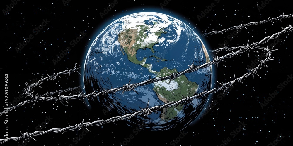Naklejka premium Barbed Wire Encircling Earth in Outer Space, Representing Global Security Concerns and International Relations, Suitable for News and Political Commentary : Generative AI