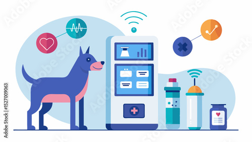 A smart medication dispenser that uses IoT data to automatically administer the right dose of medication for each animal eliminating human error and ensuring accurate treatment.. Vector illustration