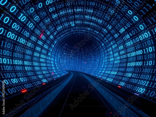 Futuristic digital tunnel of glowing binary code and flowing data streams, representing the complexity and immensity of the virtual and cyber world