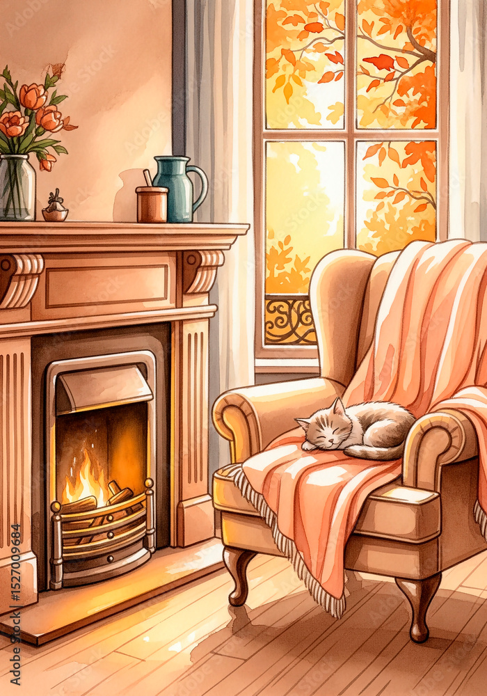 Fototapeta premium Cozy Autumn Living Room: Sleeping Cat on Armchair by Fireplace with Warm Blanket, Sunny Window, and Fall Leaves in Watercolor